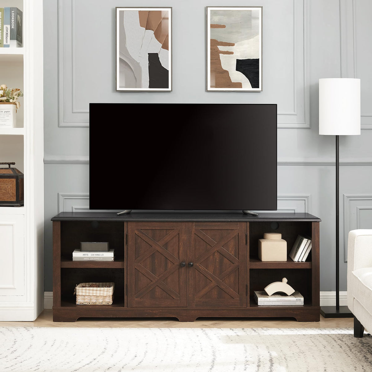 Espresso and Black TV Media Stand with Open Shelves and Closed Cabinets N120