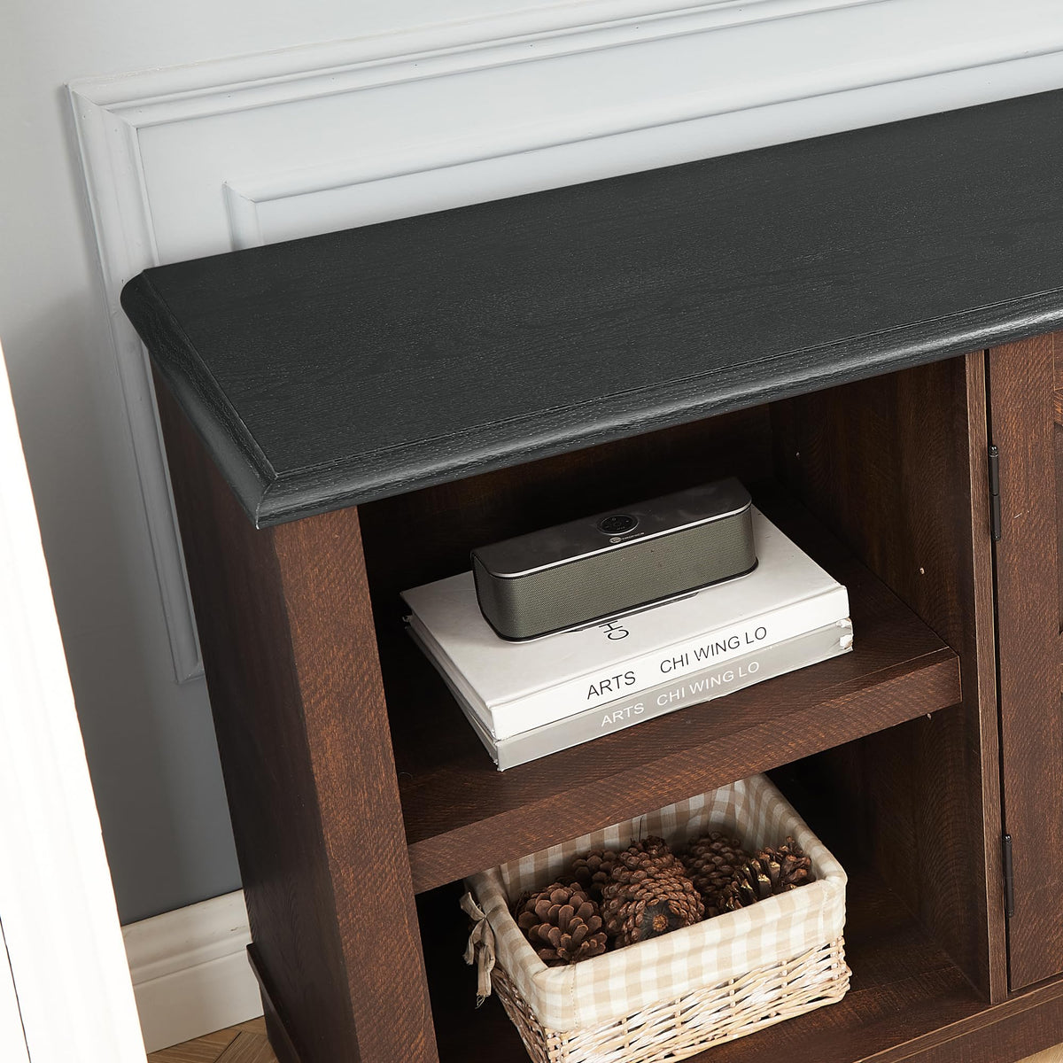 Espresso and Black TV Media Stand with Open Shelves and Closed Cabinets N120