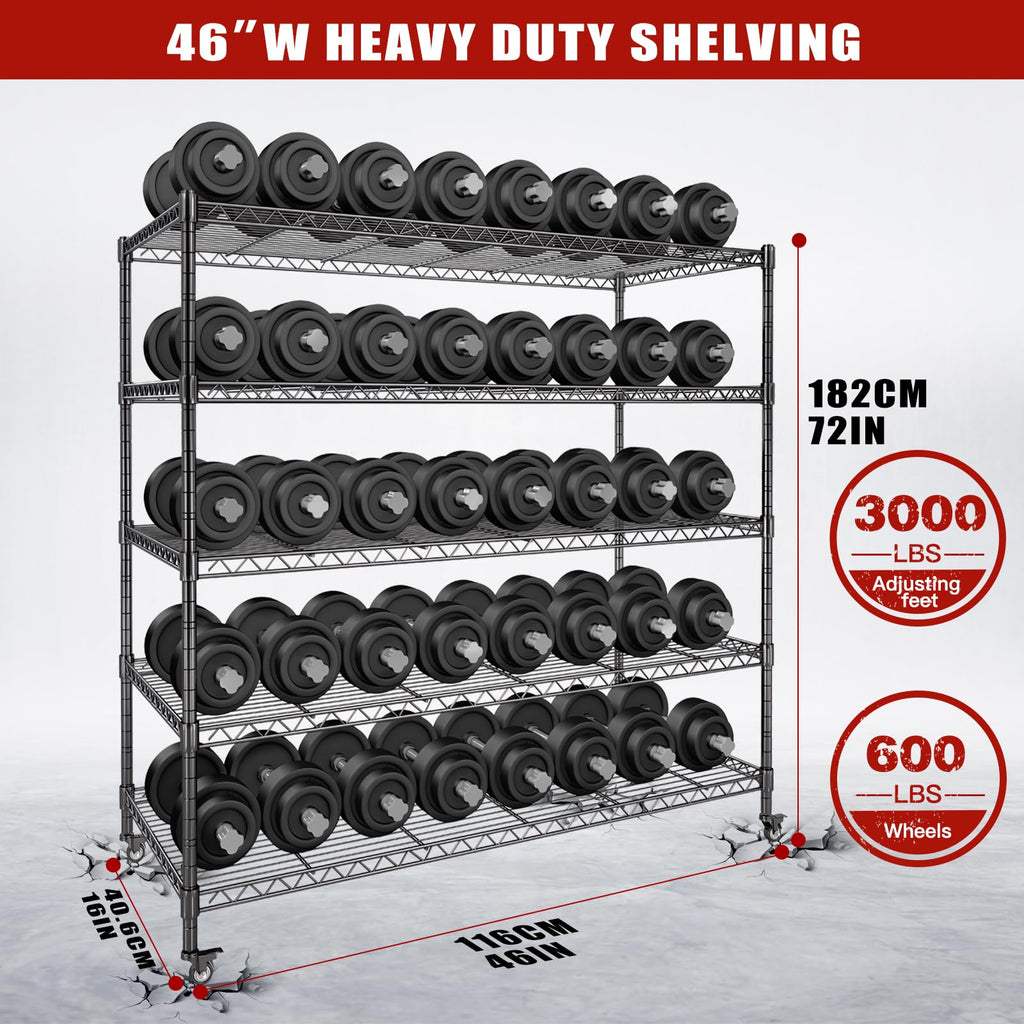 46”W 5 Tier Metal Wire Shelving with Wheels R944