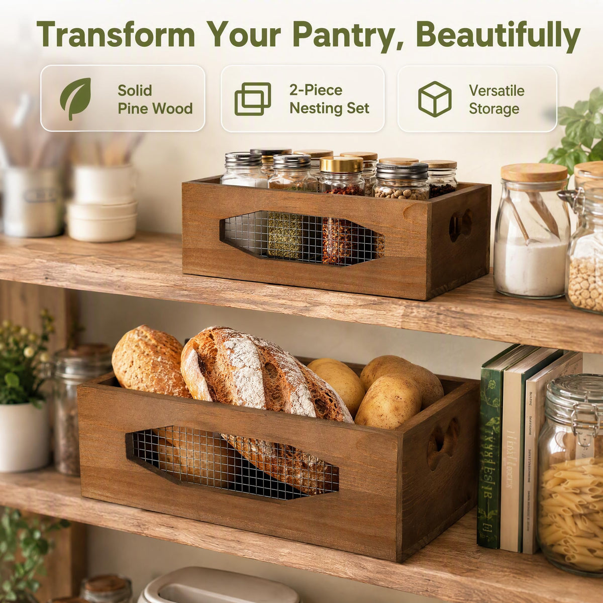 Set of 2 Wooden Nesting Countertop Baskets N640