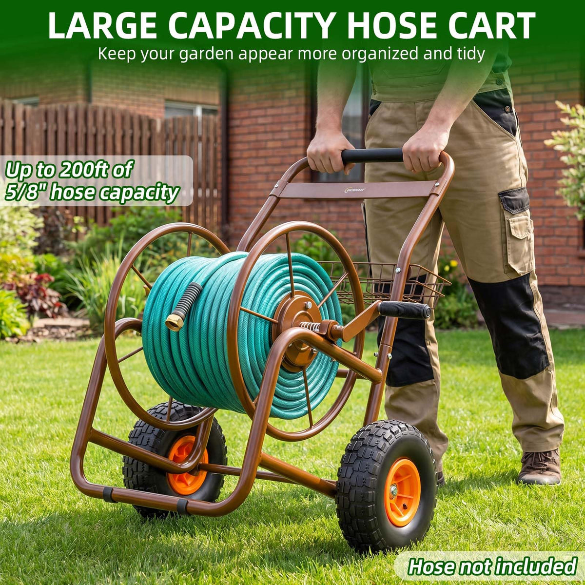 Garden Hose Reel Cart, Heavy Duty Metal with 2 Wheels, Holds 230ft 5/8" M6607