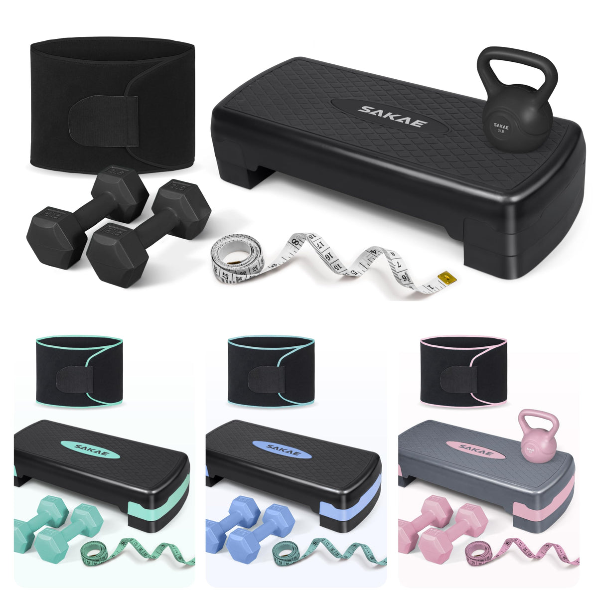 Adjustable Aerobic Stepper Kit with Dumbbells & Kettlebell & Weightlifting Belt & Measuring Tape O587854