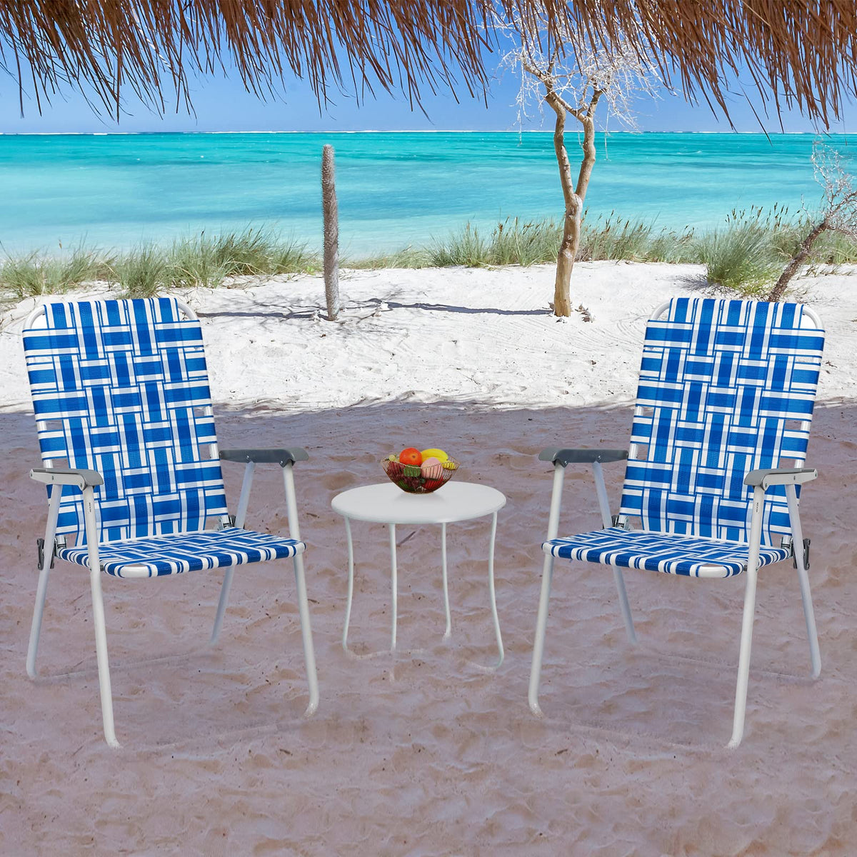 Folding Aluminum Webbed Lawn Chairs Set of 2 Blue & White Strip R428184