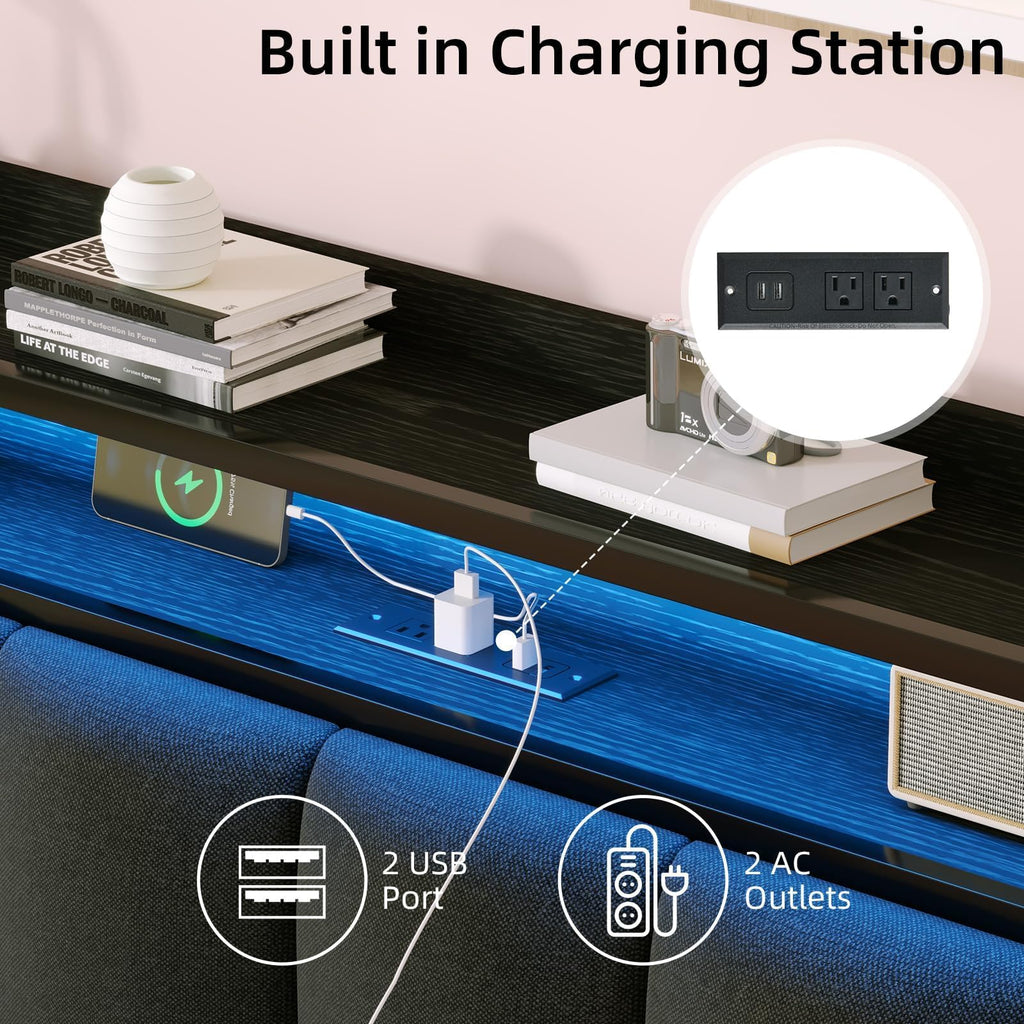 Dark Grey Twin Bed Frame with LED Lights and Charging Station G369