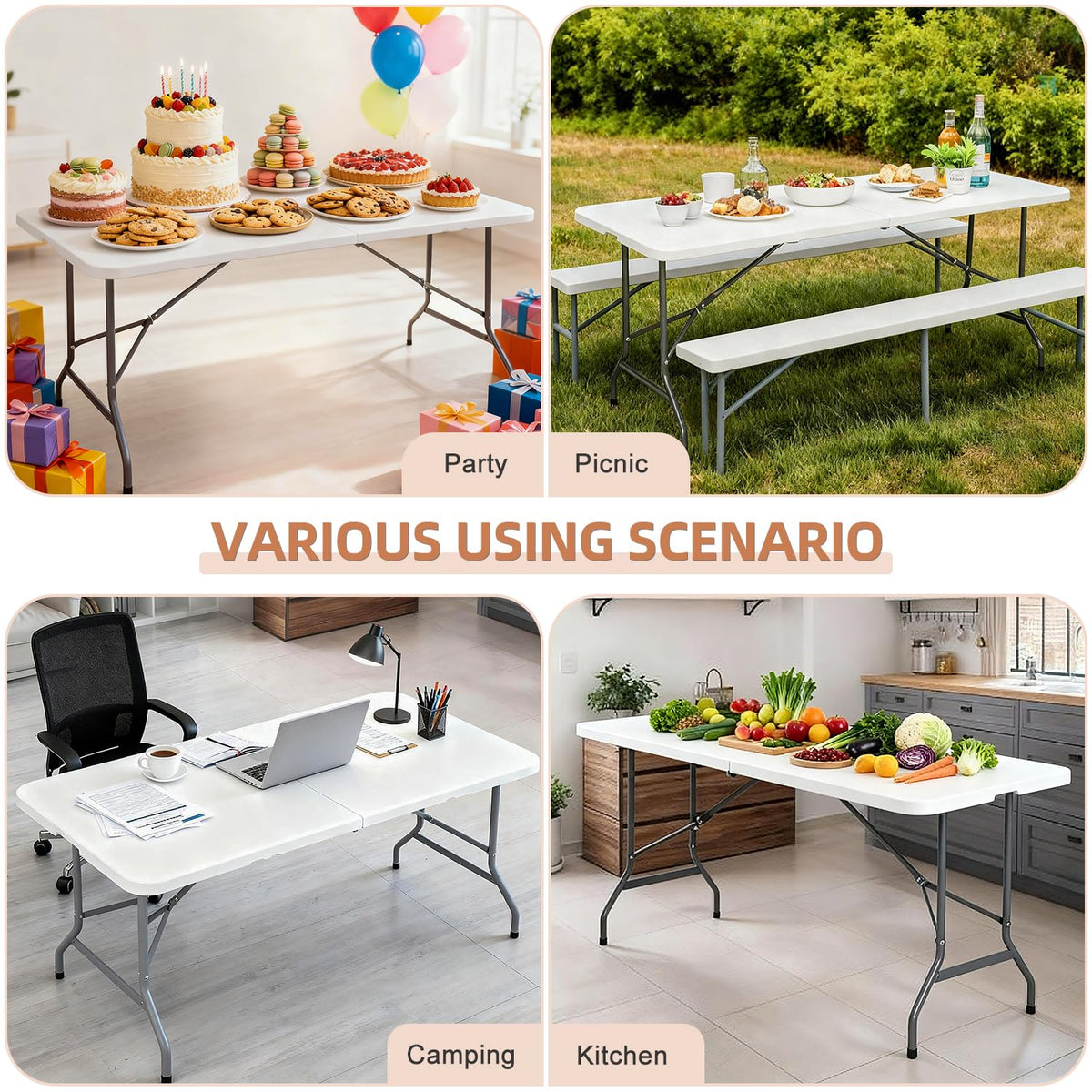 6 ft Heavy Duty Plastic Folding Table with Steel Legs, White X69171