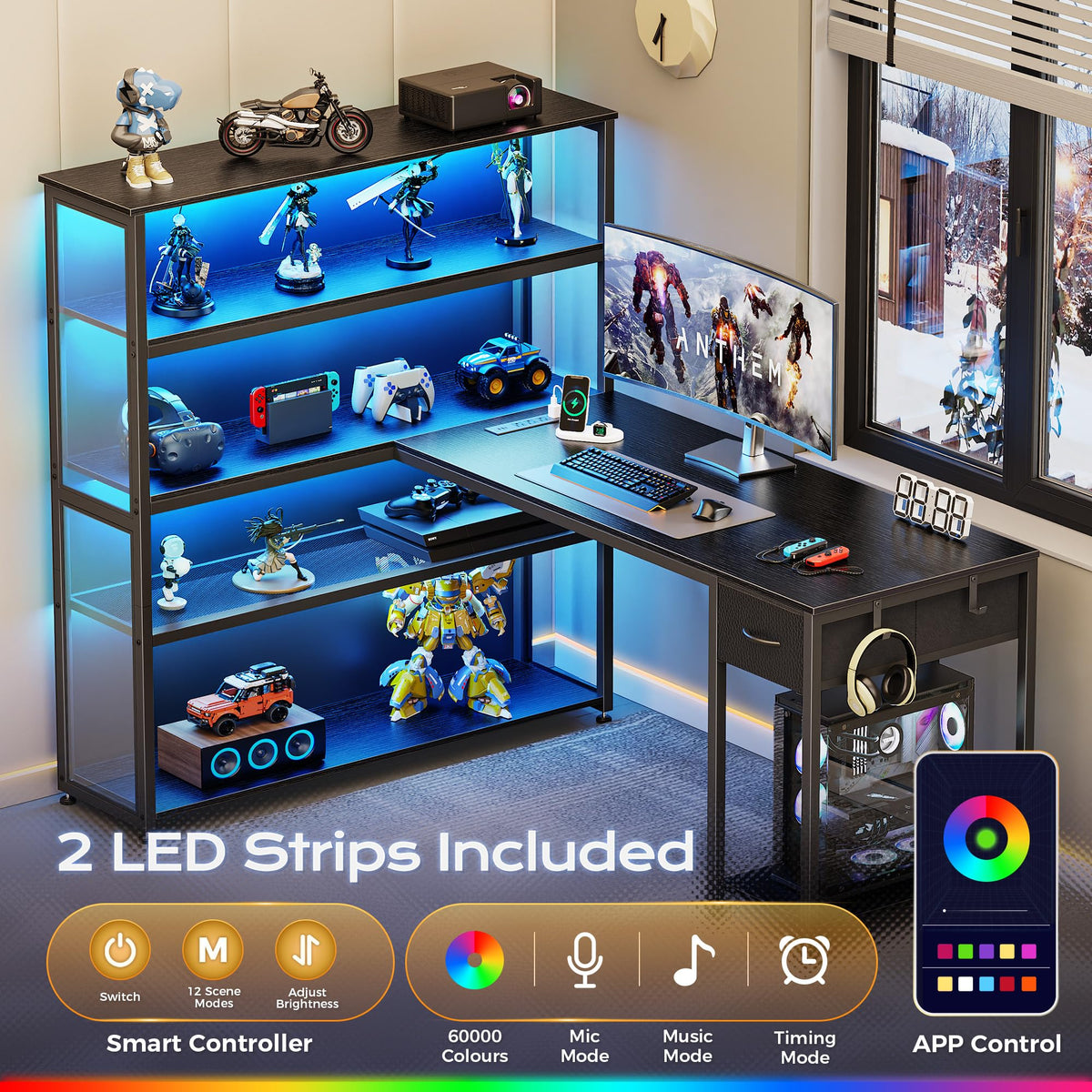 57 Inch L Shaped Gaming Computer Desk with Power Outlets G539150